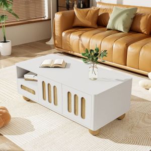 Table basse contemporaine 105x50x40 cm - Blanc et aspect bois avec 4 portes 2 tiroirs et compartiment ouvert &eacute;clairage LED - Coi