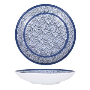 Lot de 6 assiettes rondes YABA 397g  plat de service creuses raffin&eacute; en porcelaine bleu fonc&eacute; en style japonais - d 285 x H 6 cm