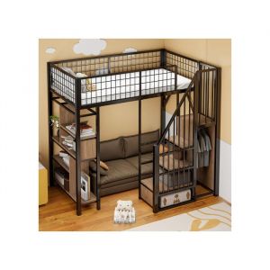 Lit mezzanine multifonctionnel 140x200 cm lit en métal avec rangements étagères et escalier blanc