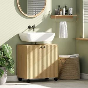 Meuble sous lavabo avec &eacute;tag&egrave;res r&eacute;glables 2 portes fermeture douce roulettes bois couleur naturelle 60x39.8x62 cm