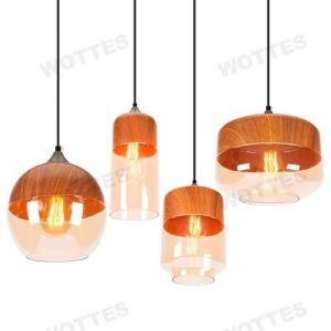 WOTTES Lot de 4 Moderne Lustre en Verre Suspension Abat-jour en Bois et Transparent Brun E27 Luminaire de Salle &agrave; Manger