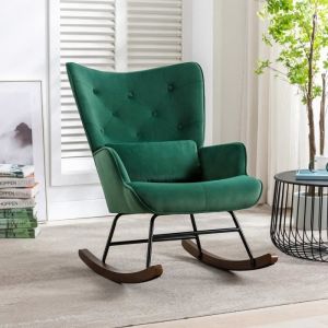 Fauteuil à Bascule Rocking Chair Chaise berçante Allaitement Bébé Tissu en Velours Style Scandinave Bois dHévéa Vert foncé