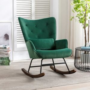 Fauteuil à Bascule Rocking Chair Chaise berçante Allaitement Bébé Tissu en Velours Style Scandinave Bois d'Hévéa, Vert foncé