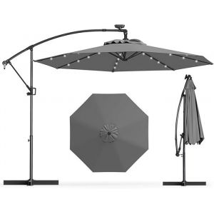 Parasol Déporté Ø3M - GOPLUS - Parasol pour Terrasse - Parasol Inclinable - 32 LED - Rotatif à 360° - Pied en Croix - Gris