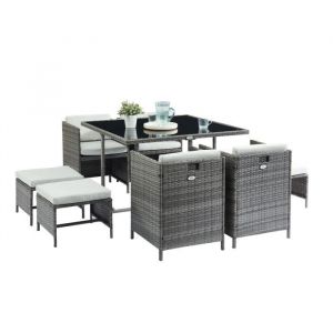 CARIOCA2 Ensemble table en verre + 4 fauteuils et 4 poufs en r&eacute;sine tress&eacute;e - 110 x 110 x 74 cm - Gris