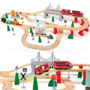 TTLIFE Train en Bois Enfant 72Pcs Ensemble de Train en Bois Circuit Train Enfant avec Rails en Bois Train jouet avec Accessoires