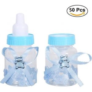 50 PCS Boîte à Dragées Mini Biberon Strass Ours Bonbonnière Bébé Baptême Cadeau (Bleu)