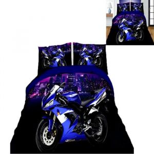 PARURE DE COUETTE Housse de Couette 200X200cm Moto Noire Parure de lit avec 2 Taies doreiller 50x75cm pour Enfant Adolescents