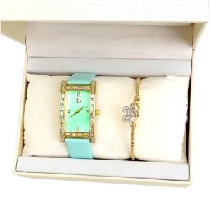 COFFRET IDÉE CADEAU FEMME MONTRE PARURE BLEU CUIR BRACELET FLEUR DORE DIAMANT