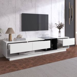Meuble TV Maisentiel 180x35x30 cm blanc et noir laqu&eacute; portes rainur&eacute;es LED multicolore design moderne