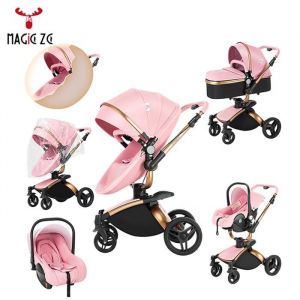 Poussette bebe cosy 3 en 1 - Magic ZC Poussette combinées pliage automatique 360° Rotation grand panierPoussette de luxe  Rose