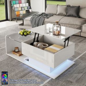 Table Basse Relevable Blanc Brillant avec &Eacute;clairage LED Plateau Verre Table Basse Coffre Moderne avec Rangement 100x50x33-475 cm