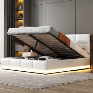 Lit Double 160x200 cm avec LED Cadre de Lit avec Sommier à Lattes en MéTal Lit 2 Personnes avec TêTe de Lit Blanc