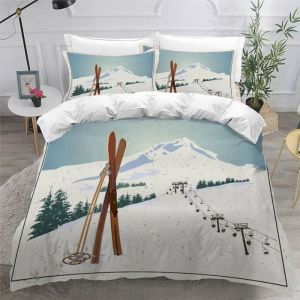 Parure de lit - MOUTON MAISON DECO - Montagne Enneige Paysage Ski - Blanc vert bleu marron noir - Microfibre- 220 PARURE DE COUETTE