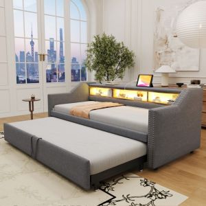 Lit gigogne 90/180 x 190 cm-Lit banquette extensible avec rangements LED et prise USB tissu lin gris fonc&eacute;