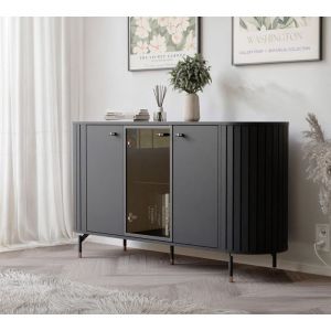 Commode Salon avec Vitrine et LED SENTO - Commode Chambre - 190x40x81 cm - 3 portes - Noir