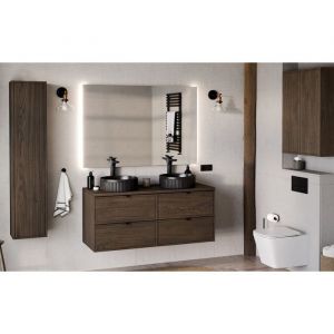 Ensemble complet Salle de Bain 120 cm + Plateau + Double Vasques Noires + Miroir + Colonne + 2 meubles hauts - Caldera Fonc&eacute;