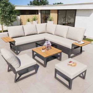 Ensemble de canap&eacute; de jardin BeigeSalon de Jardin r&eacute;sistant aux intemp&eacute;ries avec accoudoirs inclut table/fauteuil/pouf + coussins