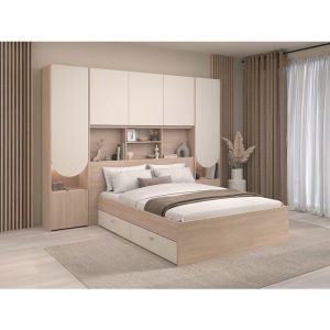 Lit pont 140 x 190 cm avec rangements - Avec LEDs - Coloris : Beige et naturel + Sommier + Matelas - DOMELITO