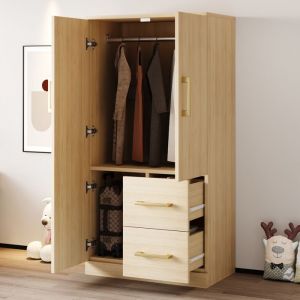 Armoire 2 portes Garde-robe avec tiroirs et compartiments de rangement tringle à vêtement Commode 135 x 70 x 40 cm (H/L/P)