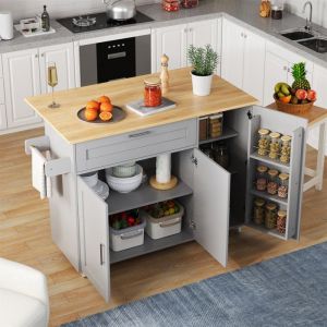 Desserte &agrave; Roulettes Cuisine rangement en bois multifonctionnelle avec plan de travail -avec tiroir-L1325 x P44(70) x H90 cm-gris