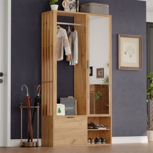 Vestiaire DEntr&eacute;e 6 en 1 avec Miroir et Rangements Meuble Porte-Manteau et Chaussures avec Penderie Bois Naturel 100&times;33&times;190 cm