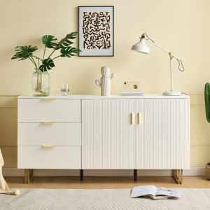 Buffet bahut - 3 tiroirs 2 portes - Buffet moderne - MDF - Pieds en metal - 160x40x81.5 cm - Buffet blanc pour salon - Rangement