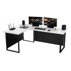 Bureau d&rsquo;Angle Gauche VINI - Bureau Gamer 18 mm Avec Panneau - Style LOFT - 200x135x74 cm - Blanc