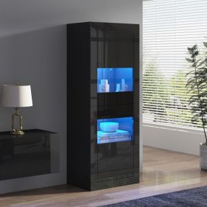 Vitrine noire laqu&eacute;e 61x42x162 cm avec &eacute;clairage LED 1 &eacute;tag&egrave;re en verre vitrine autoportante armoire haute meuble de rangement