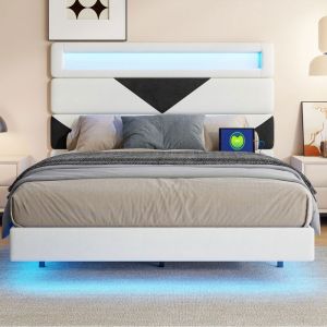 Lit Adulte velours 160x200 Lit Double LED avec USB Lit Rembourré Lit 2 personnes capitonné Cadre de Lit Blanc et Noir