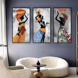 Affiche africaine noire ethnique tribale toile peinture grande femme africaine danse mur art pour salon d&eacute;cor 40x80cm x3 sans cadre