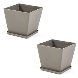 Lot de 2 pots carr&eacute; LILIUM en polypropyl&egrave;ne avec fibre de verreavec soucoupeint&eacute;rieur/ext&eacute;rieurdesign moderne (2 Pot/Gris taupe)