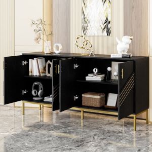 Buffet Bahut Contemporain avec 4 Portes et Pieds M&eacute;tal Meuble Moderne pour Salon ou Salle &agrave; Manger - 160x40x805 cm - Noir et