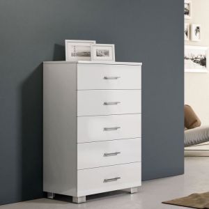Commode - Laqué Blanc Brillant - 5 tiroirs - Bois - Métal Chromé - Dimensions 61x44xH103
