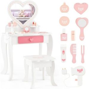 DREAMADE 2 en 1 Coiffeuse Enfant Fille avec Tabouret Miroir en Forme de Cœur 1 Tiroir 10 Accessoires de Jouets 3+ Ans Blanc