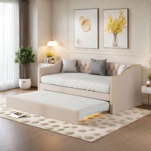 Canapé lit extensible 90/180x200 cm - lit 2 Places gigogne - Sommier à Lattes - Cadre de Lit  convertible - Tissu en lin - Beige