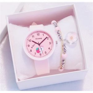 Coffret Cadeau Montre Fille Ado Enfant Mignon - Montre Lapin bracelet fleur - Montre &agrave; quartz - Rose