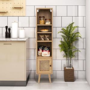 COSTWAY Meuble Colonne de Salle de Bain avec Porte Rotin et Pieds en Bois Massif Étagère Réglable pour Salon Cuisine Chambre