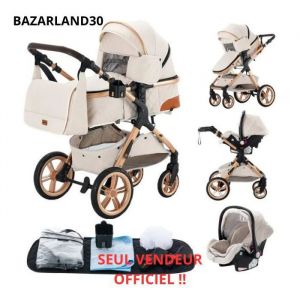 BAZARLAND30.Poussette 3 en 1 Bébé Combinée Siège-Auto Nacelle Trio Réversible Réglable Haute Qualité Roues increvables Canne. BLANC