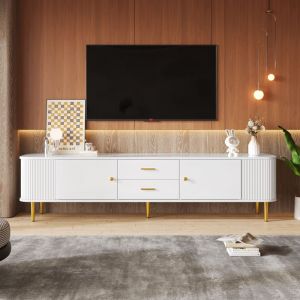 Meuble TV blanc moderne 170&nbsp;&times;&nbsp;34&nbsp;&times;&nbsp;45&nbsp;cm Meuble tv bas avec 2 tiroirs et 2 portes Pieds en M&eacute;tal dor&eacute;s Meubles de rangement