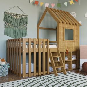 Lit mi-hauteur Lit mezzanine 90x200cm Lit enfant Lit cabane en bois massif avec toit fenêtre rangement et sommiers à lattes