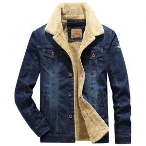Veste en cuir thermique pour homme - FUNMOON - Bouton de poche - Automne/Hiver - Bleu