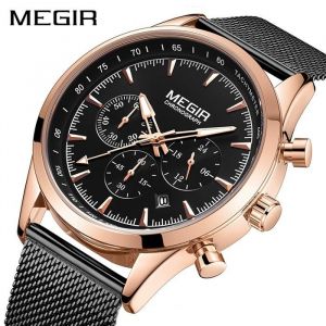 MEGIR Sport Montres Homme Luxe &Eacute;tanche Lumineuse Montre-bracelet Homme Noir Or Bracelet en maille Horloge chronographe