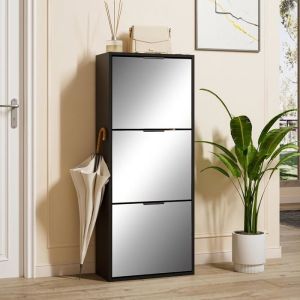 GOOBUY Armoire à Chaussures Inclinable 50cm Étagère à Chaussures avec 3 Compartiments Surface Miroir Étagère Réglable Noir