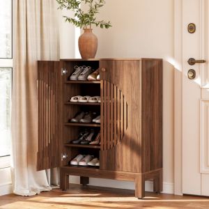 Meuble &agrave; ChaussuresTribesigns73&times;35&times;101 cm5 NiveauxPortes Rondes &agrave; Lattes et &Eacute;tag&egrave;res R&eacute;glables Pour 20 PairesMarron