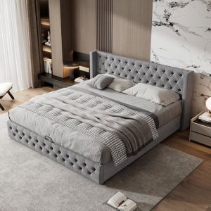 Lit capitonn&eacute; 140 x 190 cm avec sommier &agrave; lattes et t&ecirc;te de lit lit hydraulique avec espace de rangement Velours gris