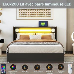 Lit LED 160x200 avec lecteur Bluetooth et chargeur USB Lit coffre en cuir PU Lit double avec sommier à lattes Noir
