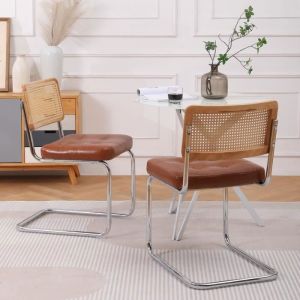 Chaise salle à manger - JAERLIUB - Lot de 2 - Revêtement en simili cuir - Pieds chromés métallisés - Marron