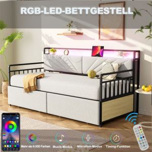 Canapé-Lit en Métal 90×200 Lit Banquette avec LED et Rangement Fauteuil Lit 1 Place pour Adolescent étagères et Prise Gris