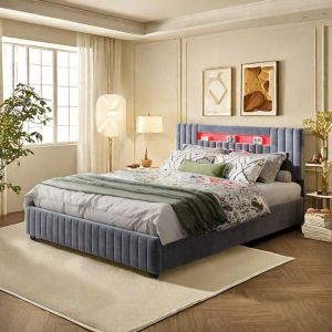 lit 160x200 avec rangement cadre de lit avec t&ecirc;te de lit et lumi&egrave;res led lit coffre lit adolescent lit 2 personne moderne gris